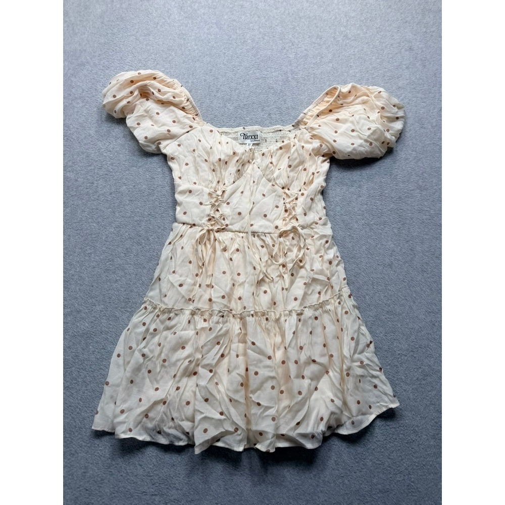 Trixxi Los Angeles Polka Dot Puff Sleeve Corset Tiered Mini Dress Cream XL